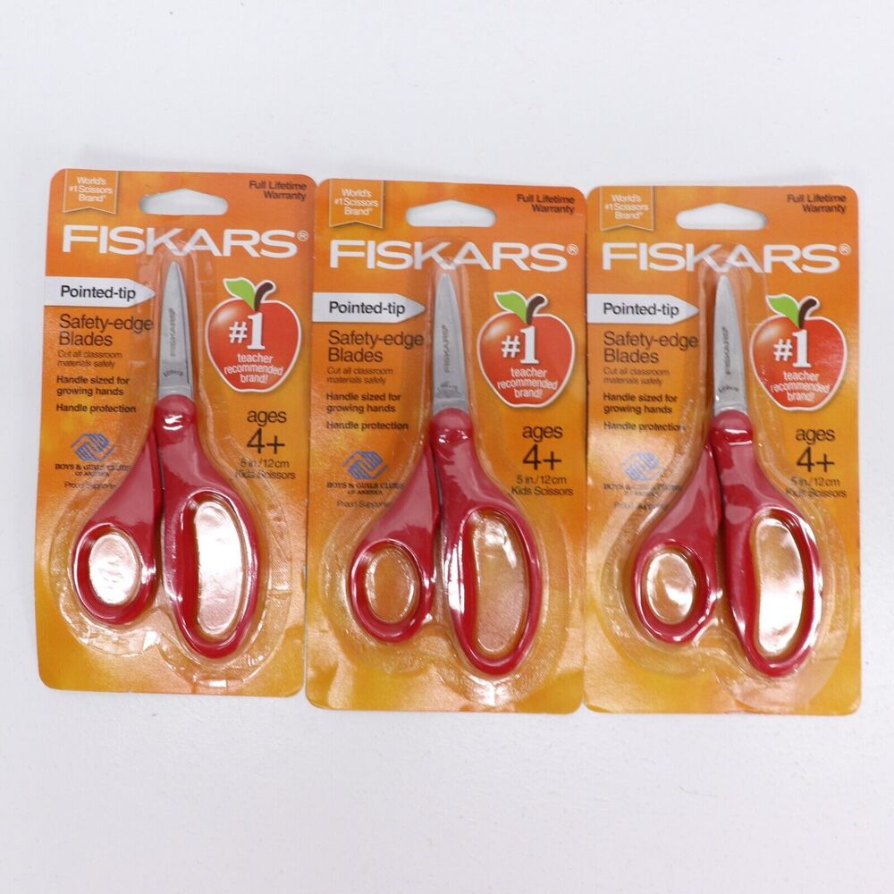 3x Fiskars Kids School Scissors Red Pointed Tip For Both Left And Right Handed